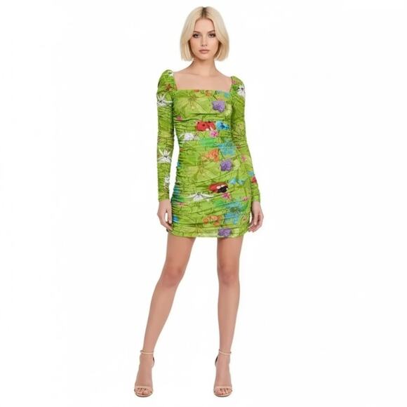 ALIÉTTE Floral Ruched Mini Dress 4 Green NEW - Picture 2 of 11